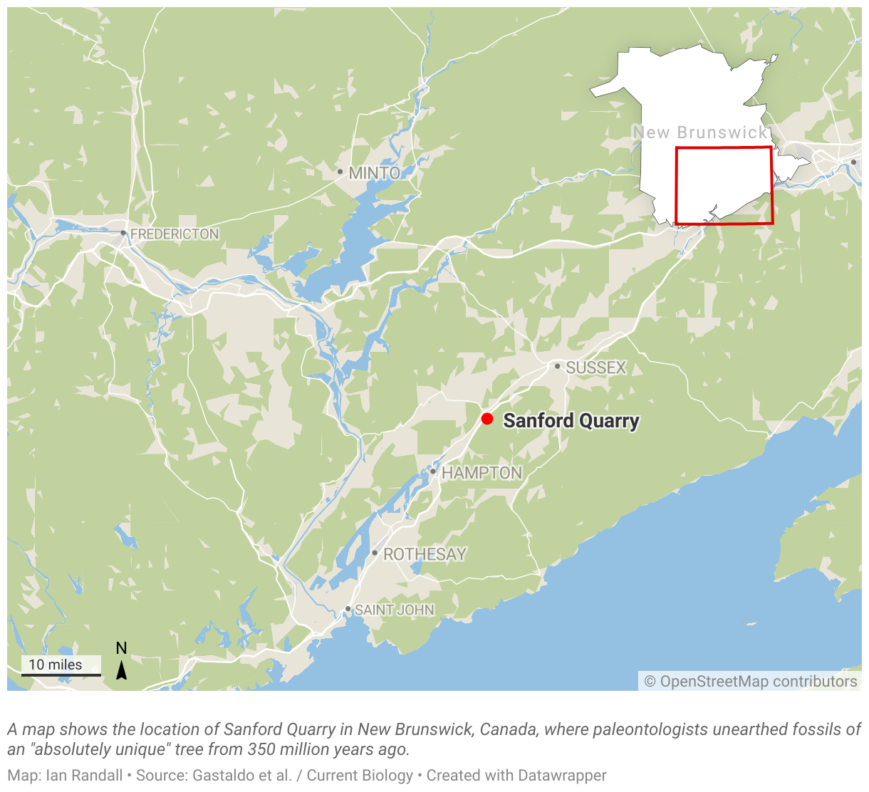 A map shows the location of Sanford Quarry, in New Brunswick, Canada.