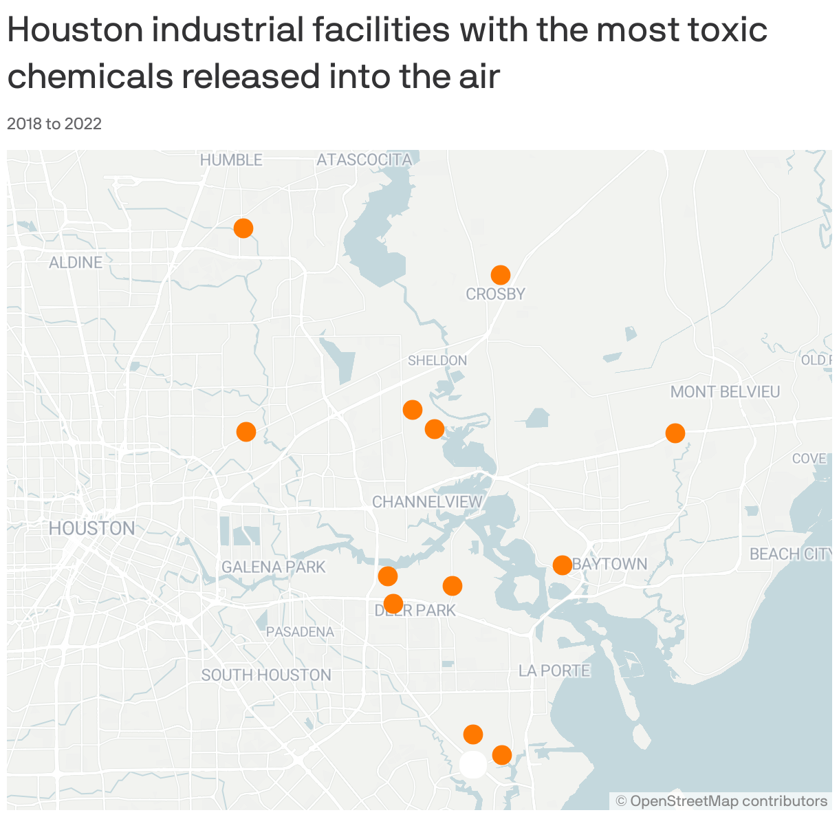 Map showing the locations of Houston industrial facilities with the most toxic chemicals released into the air. Data is from 2018 to 2022. Twelve locations are shown.