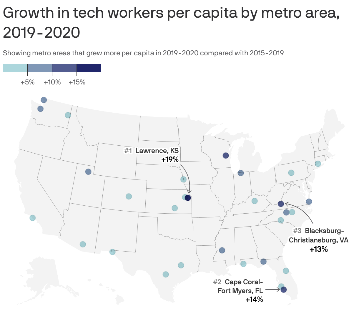 Data: Brookings Institution and U.S. Census; Note: Metro areas with fewer than 1,000 tech workers in 2020 were excluded; Map: Kavya Beheraj/Axios