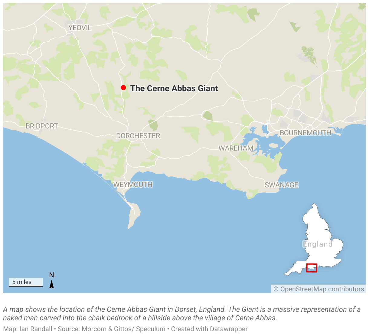 A map shows the location of the Cerne Abbas Giant in Dorset, England.