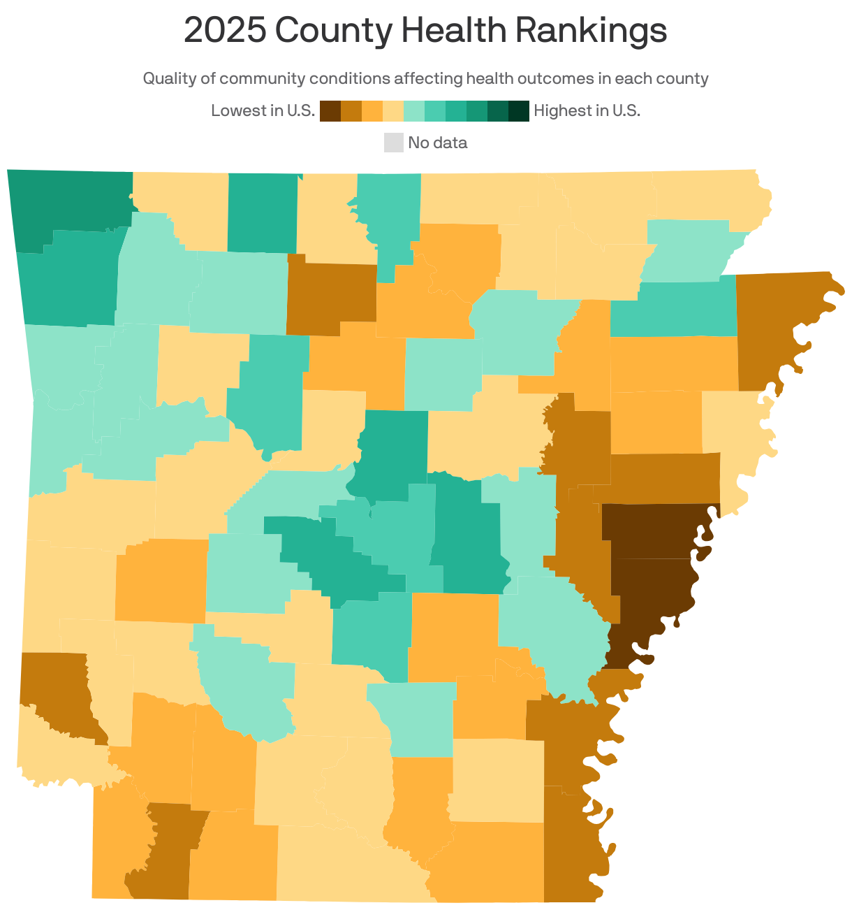 A choropleth map of Arkansas counties showing 2025 County Health Rankings. Counties were ranked by the quality of community conditions that affect local health outcomes, such as social and economic factors, physical environment and health infrastructure. Benton County, Ark. ranked the highest in the state, while Lee County, Ark. ranked the lowest.