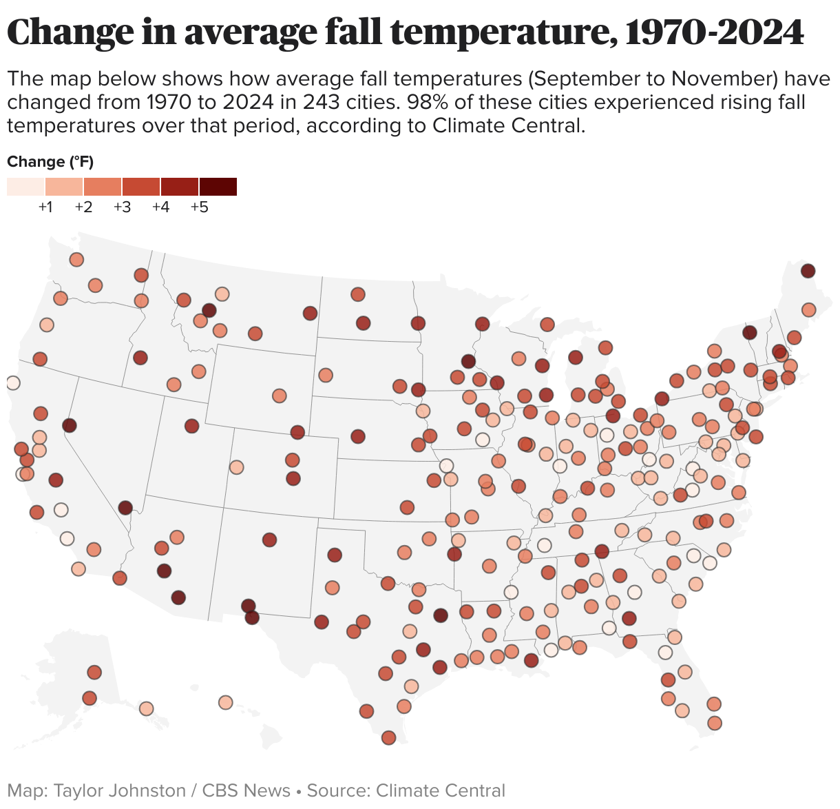 Change in average fall temperature, 1970-2024 (Symbol map)