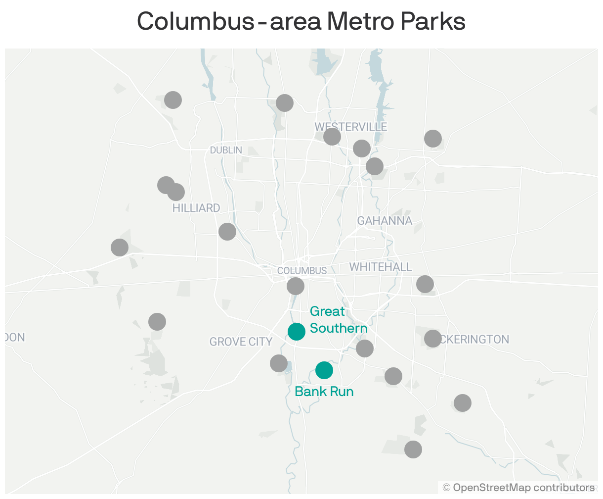 A map shows Columbus-area Metro Parks. Great Southern and Bank Run are highlighted. 