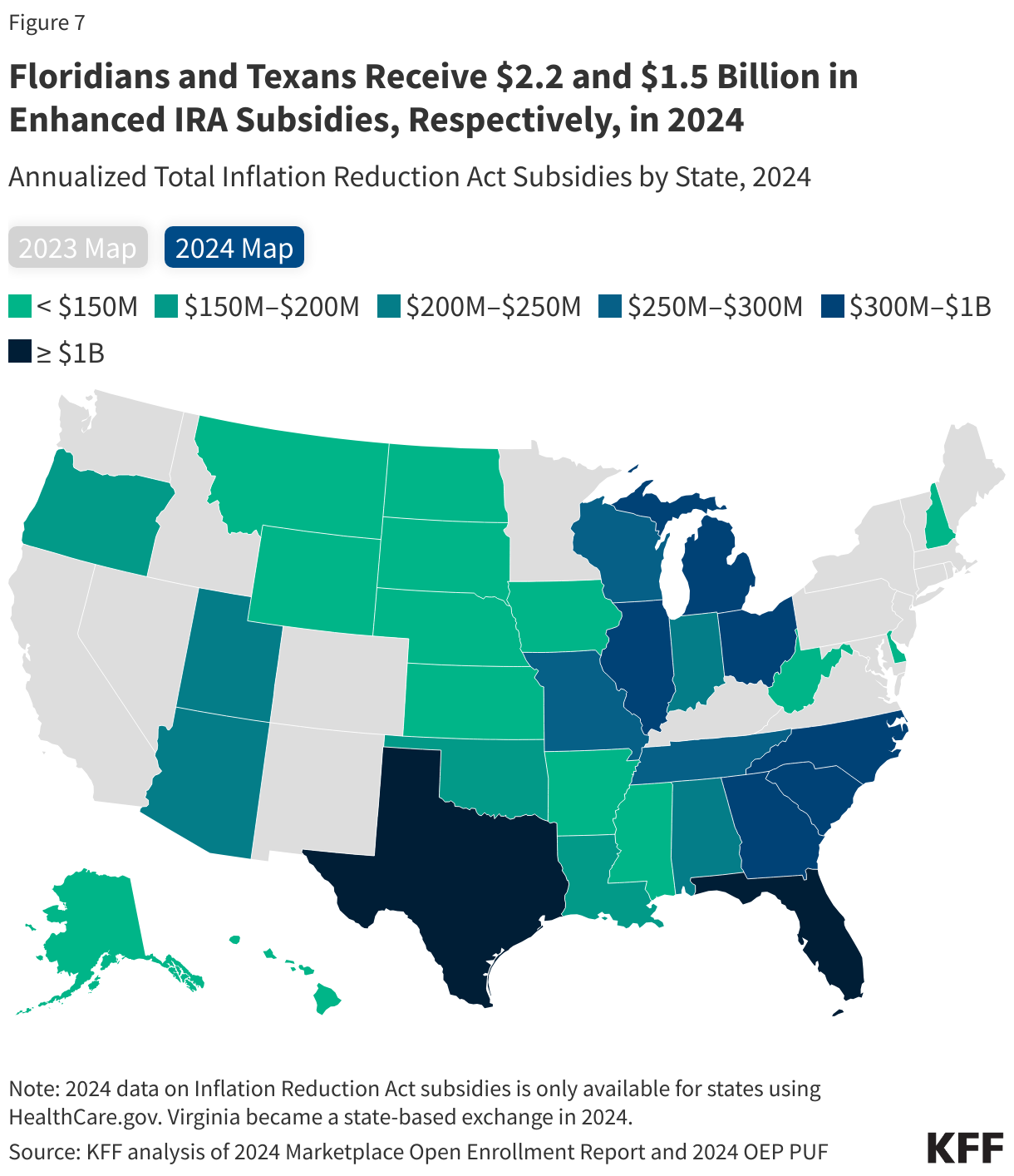 Floridians and Texans Receive $2.2 and $1.5 Billion in Enhanced IRA Subsidies, Respectively, in 2024 data chart