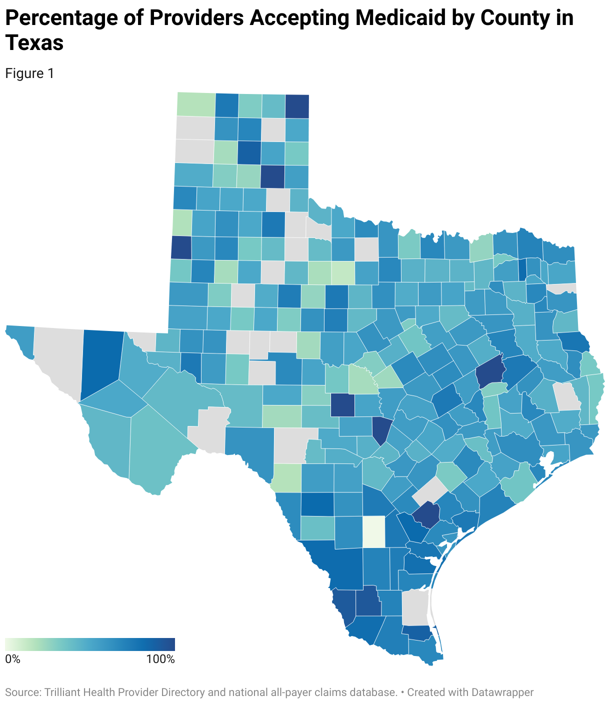 A choropleth map of Texas that shows the percentage of providers in each county that serve Medicaid populations. Some areas on the map have a high percentage, while others are as low as 25%.
