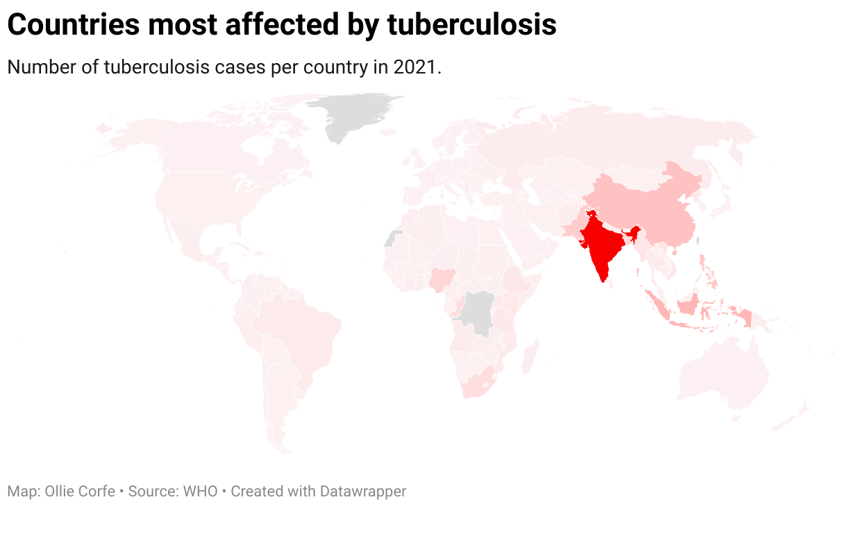 Map of tuberculosis infections worldwide.