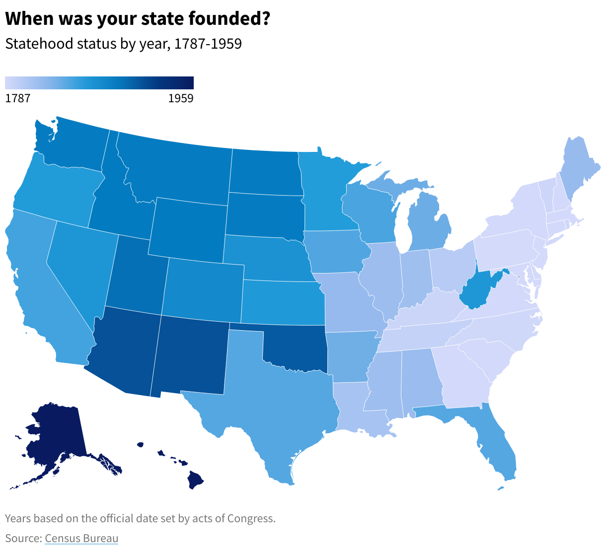 Map of the years each US state was granted statehood.