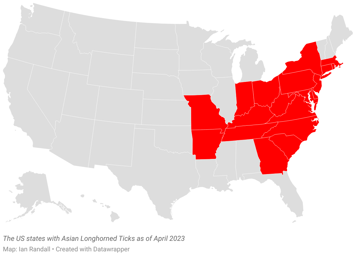 A map of the US showing the states with Asian Longhorned Ticks as of April 2023
