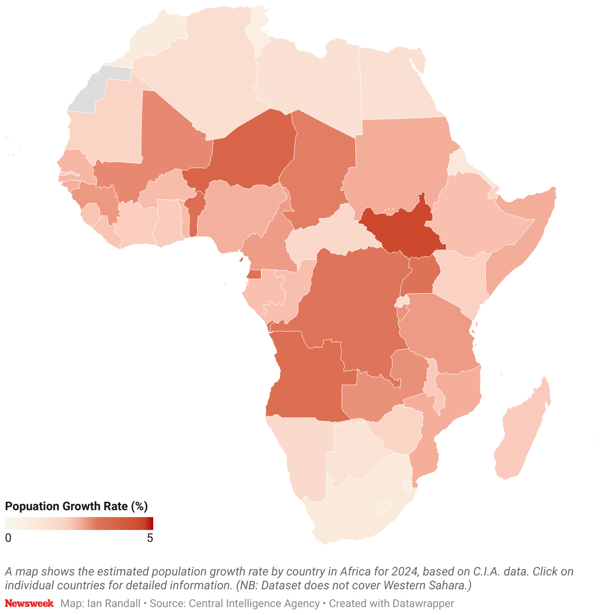 A map shows the estimated population growth rate by country in Africa for 2024, based on C.I.A. data. (NB: Dataset does not cover Western Sahara.)