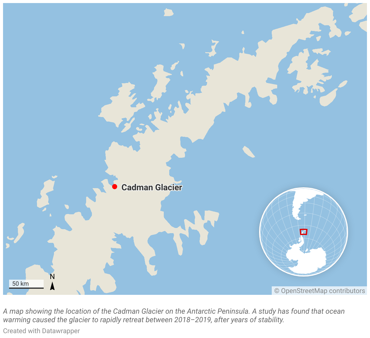 A map showing the location of the Cadman Glacier on the Antarctic Peninsula.