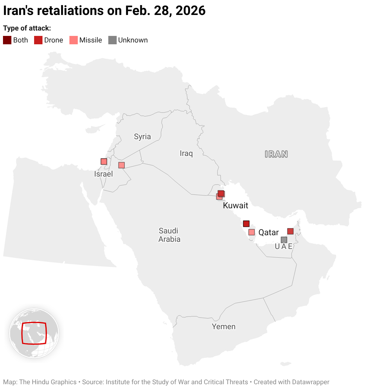 Iran's retaliations on Feb. 28, 2026 (Symbol map)