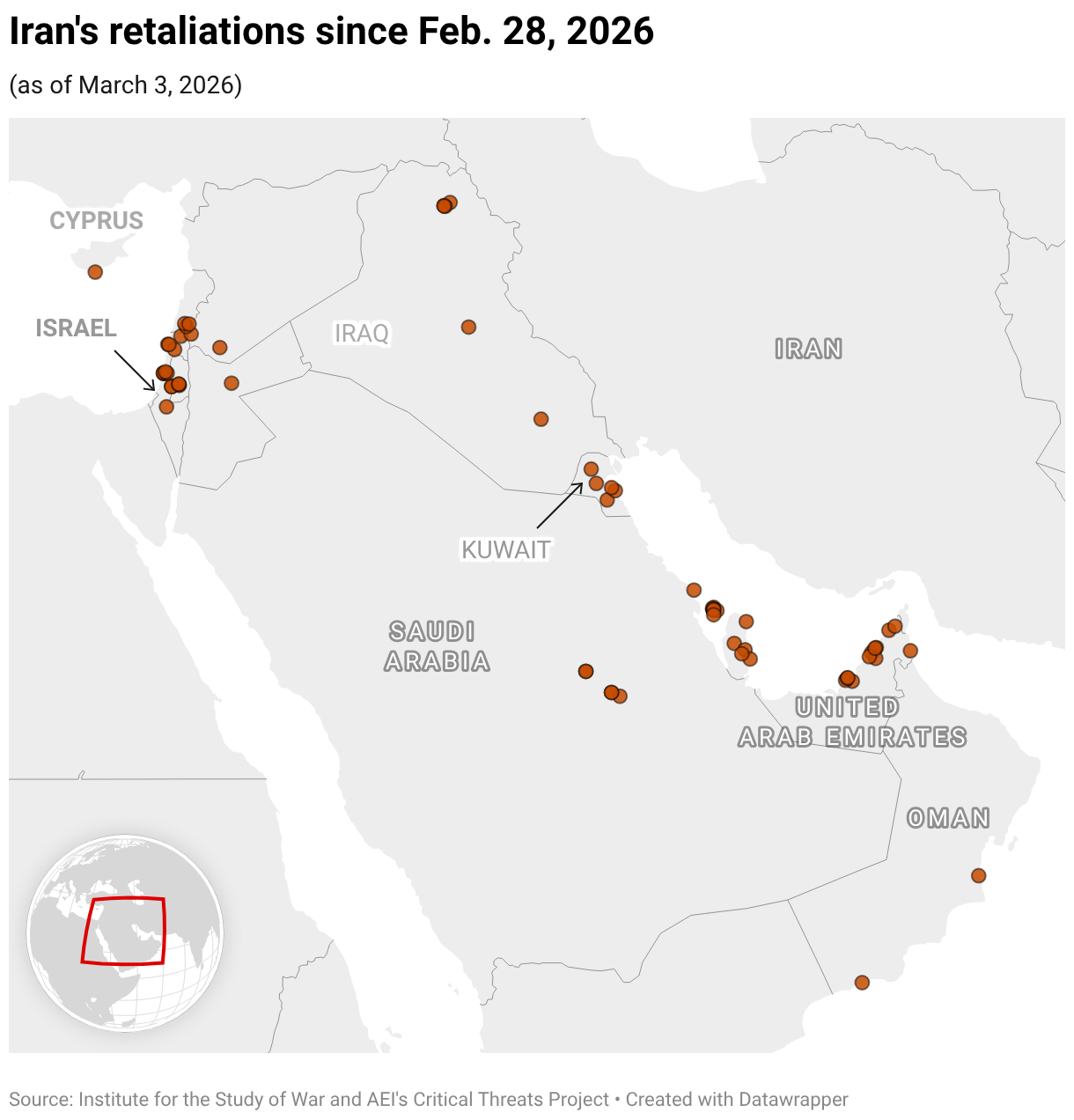 Iran's retaliations since Feb. 28, 2026 (Symbol map)