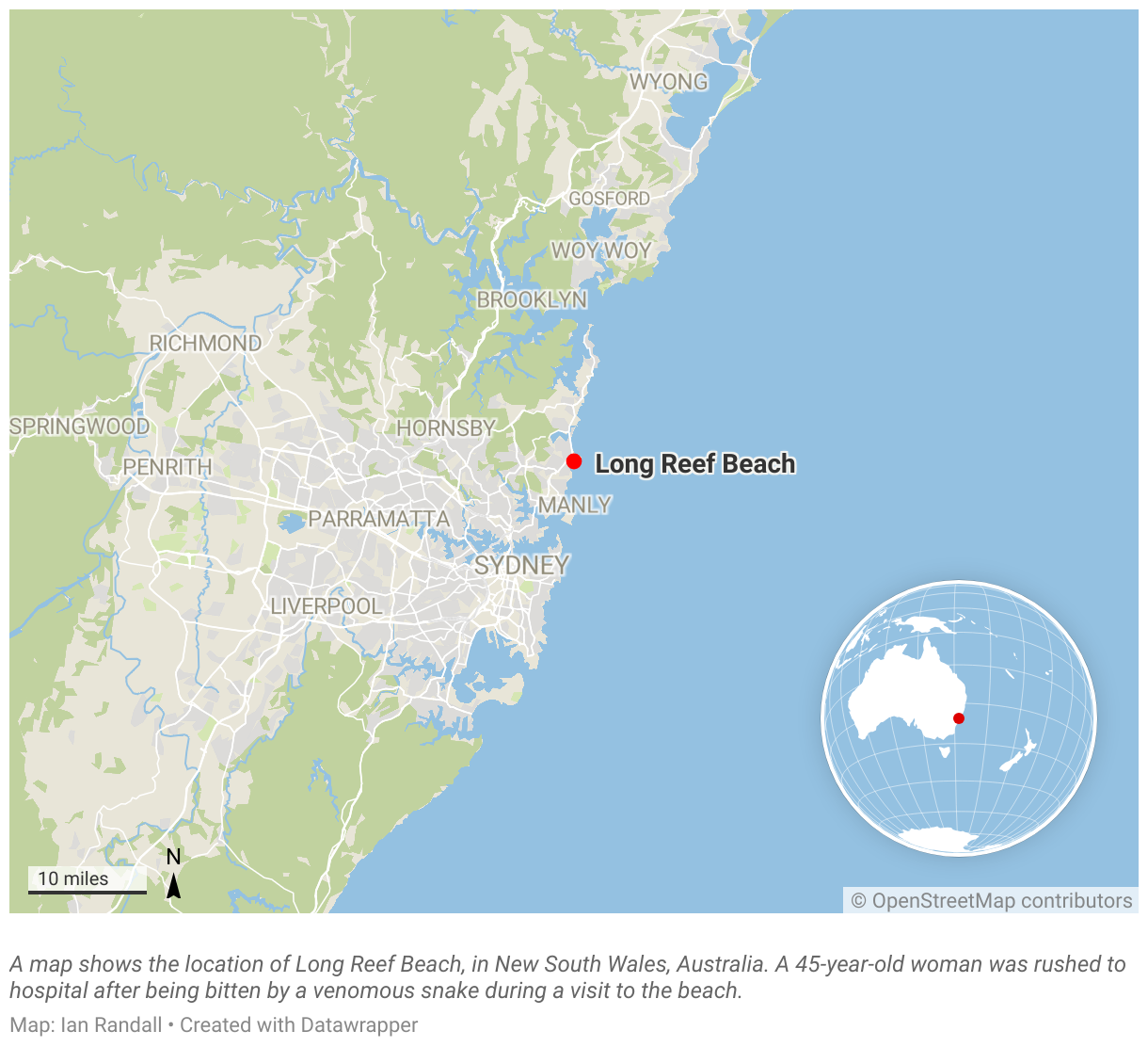 A map shows the location of Long Reef Beach, in New South Wales, Australia.