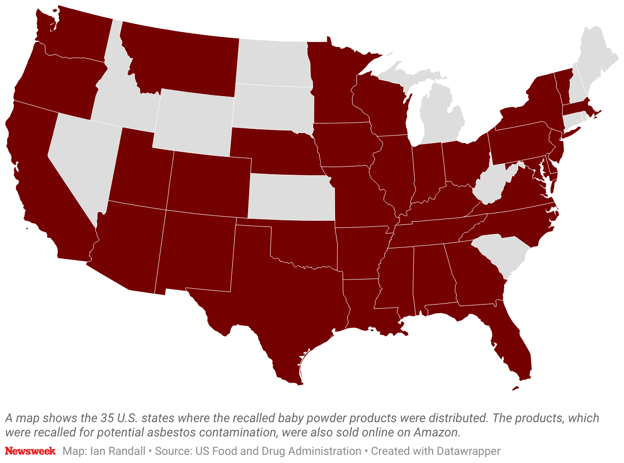 El mapa muestra los 35 estados de EE. UU. donde se han distribuido los productos en polvo para bebés retirados del mercado.