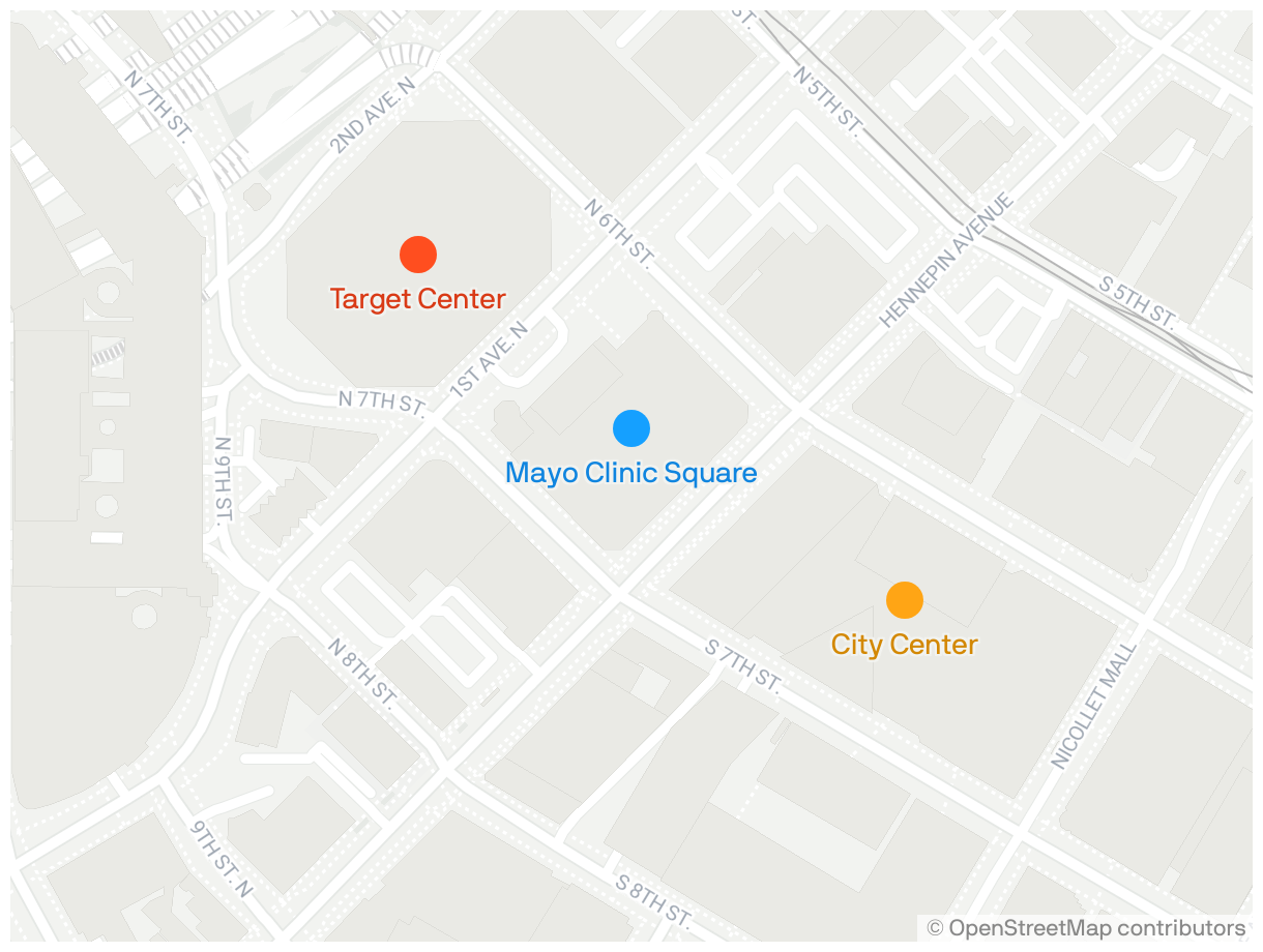 A map shows the locations of the Target Center, Mayo Clinic Square and City Center in Minneapolis.