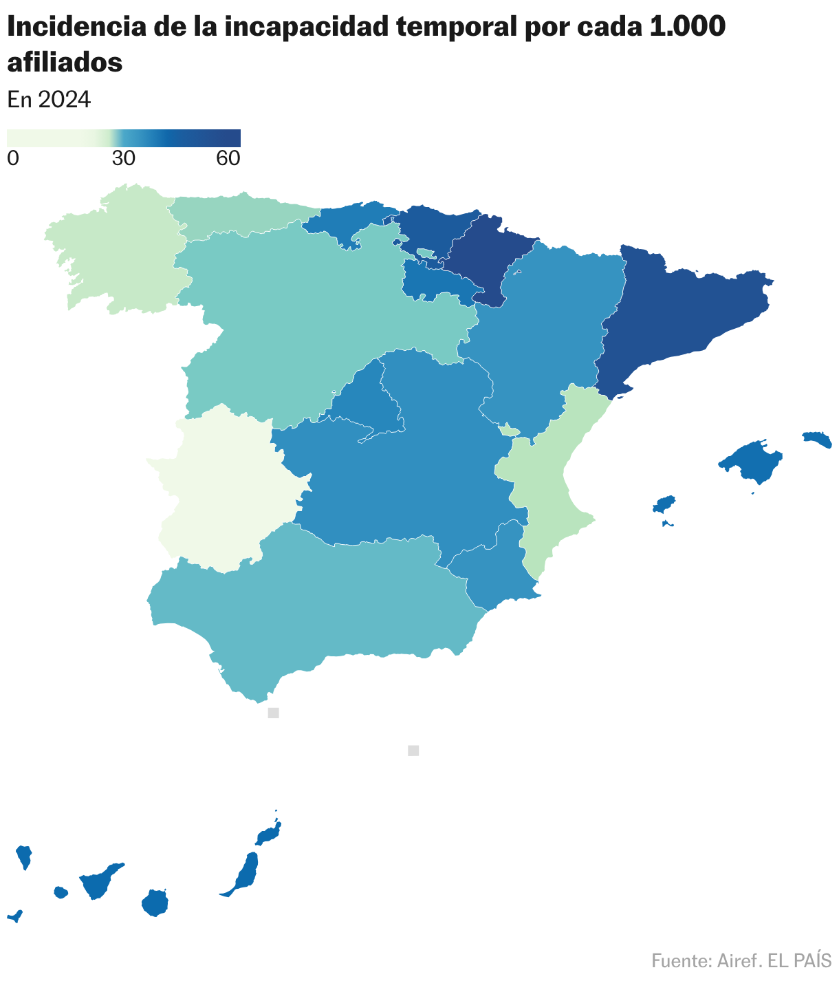 Incidencia de la incapacidad temporal por cada 1.000 afiliados (Mapa coroplético)