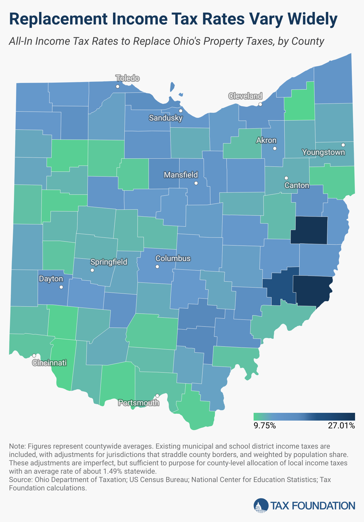 Replacement Income Tax Rates Vary Widely (Choropleth map)