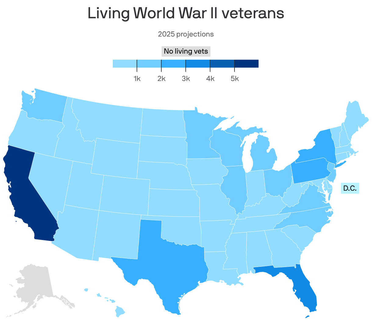 A choropleth map showing the projected number of living WWII veterans by state. California leads at about 5k, while Alaska has none. There are about 45k nationally.
