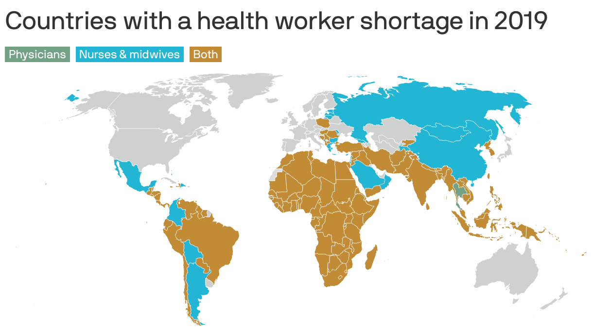 Countries with a health worker shortage in 2019