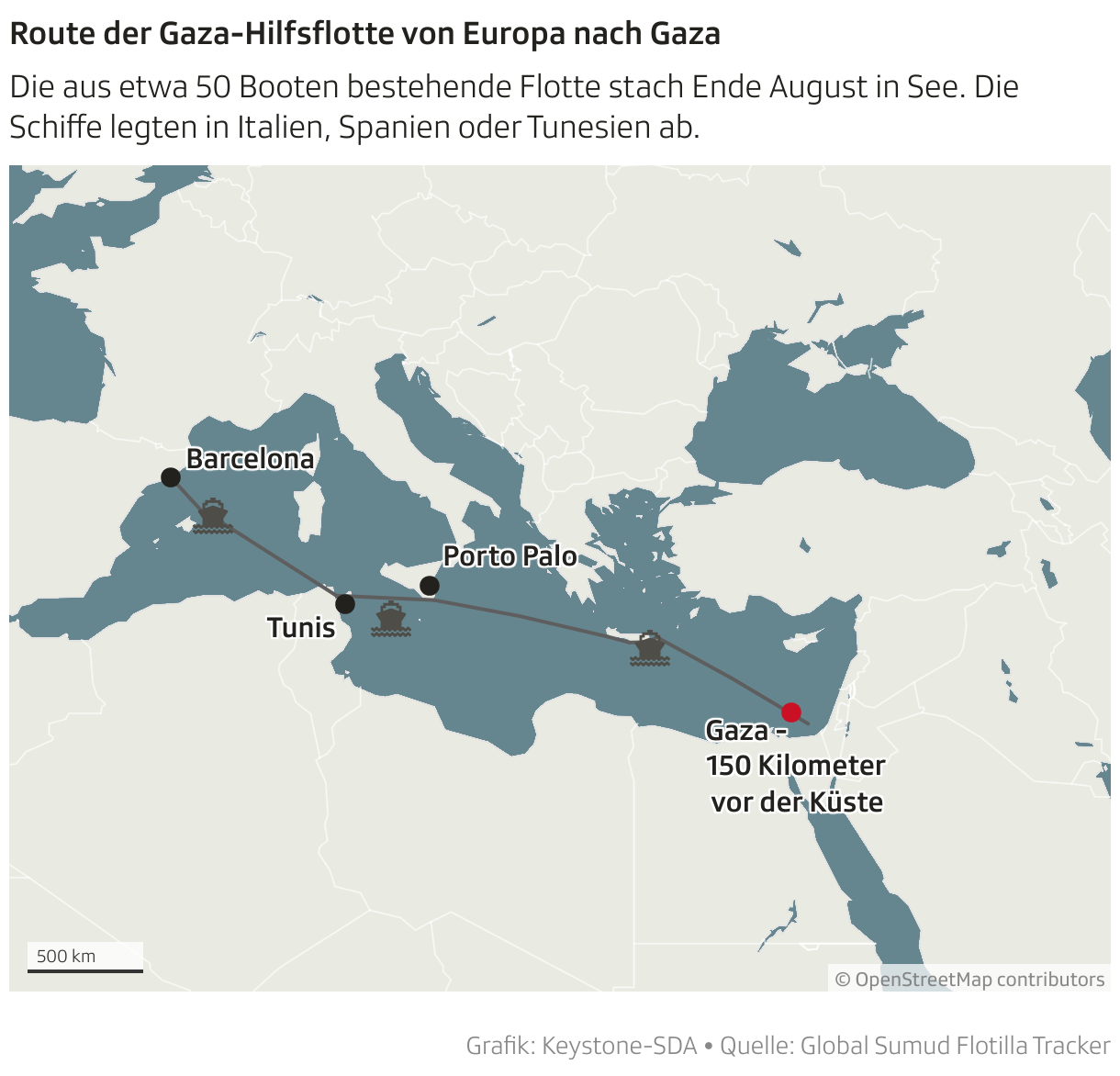 Route der Gaza-Hilfsflotte von Europa nach Gaza (Locator-Karte)