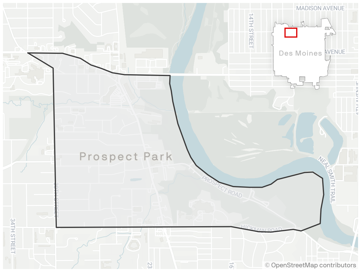 Map showing the boundaries of Prospect Park in Des Moines. 