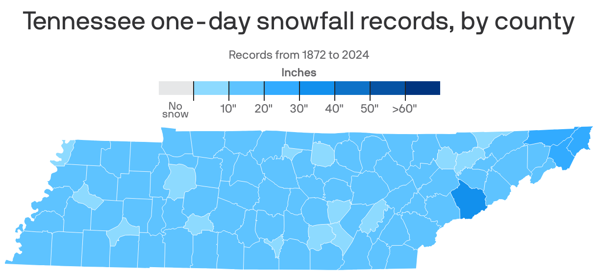 A map showing the one-day snowfall maximums in each county in Tennessee. The largest snowfall was 30 inches in Sevier county on March 14, 1993.