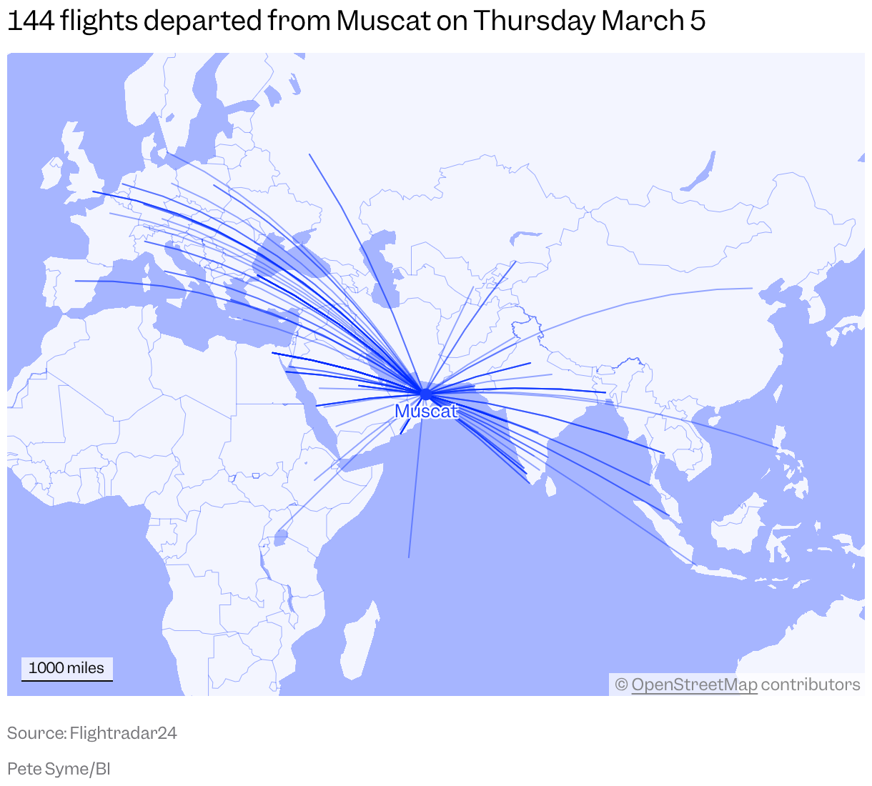 A map of the world shows the paths of flights that departed from Muscat, Oman, on Thursday March 5