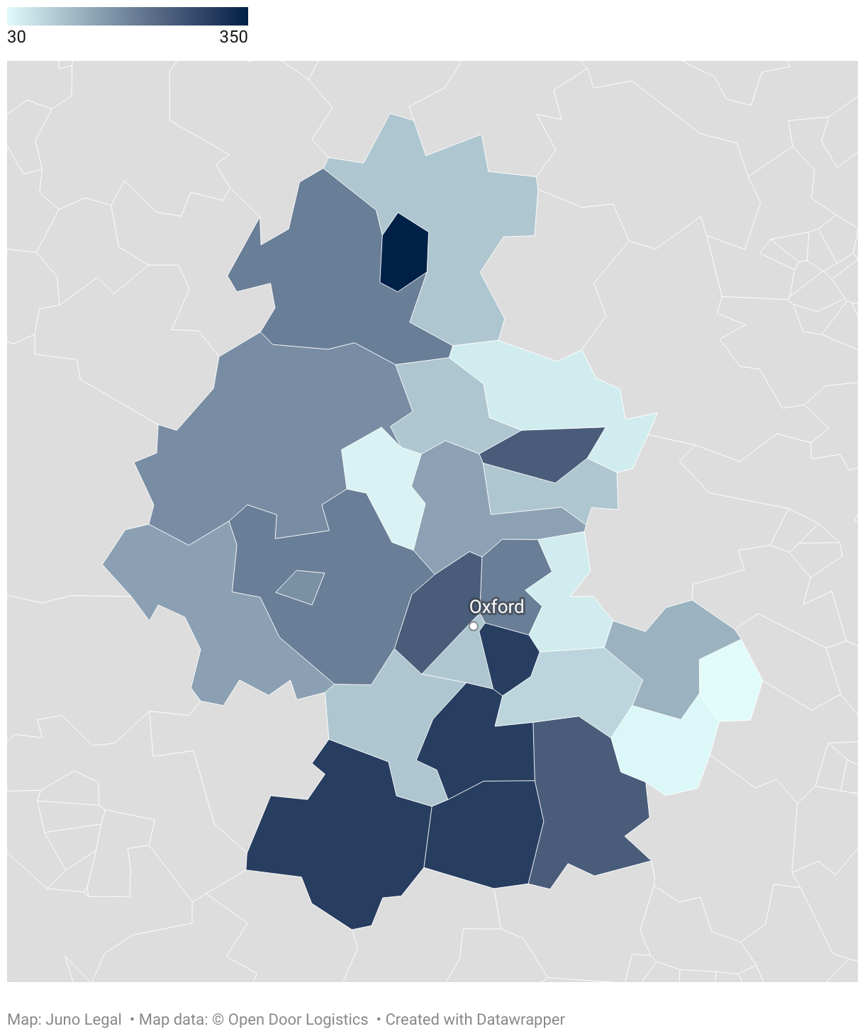 An interactive map showing the number of properties listed in each Oxford Postcode