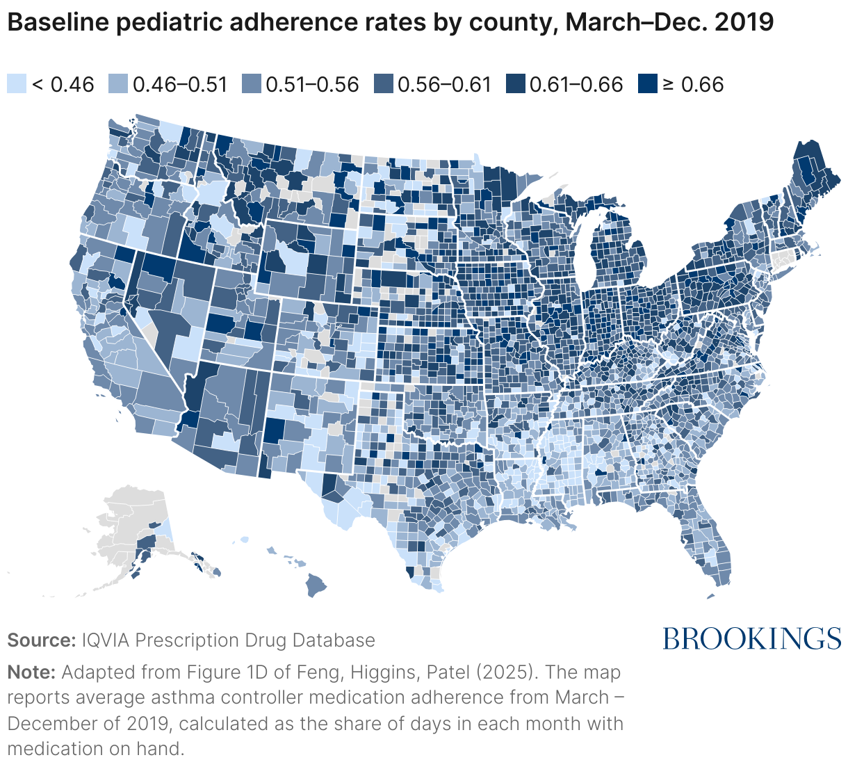 Baseline pediatric adherence rates by county, March–Dec. 2019 (Choropleth map)