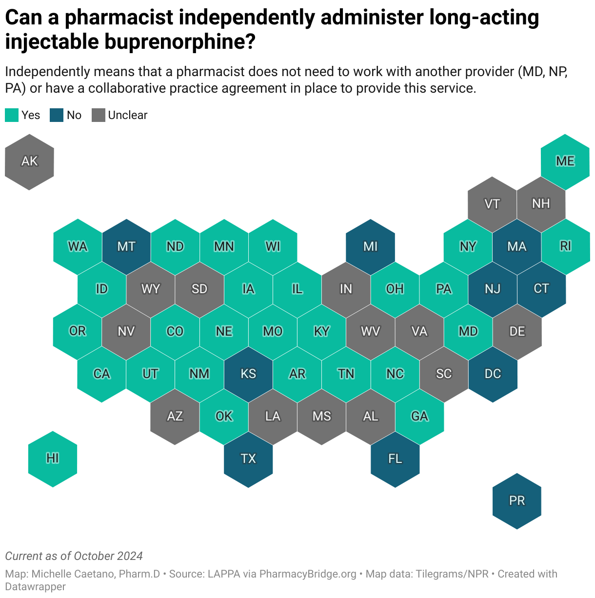 Can a pharmacist independently administer long-acting injectable buprenorphine? (Choropleth map)