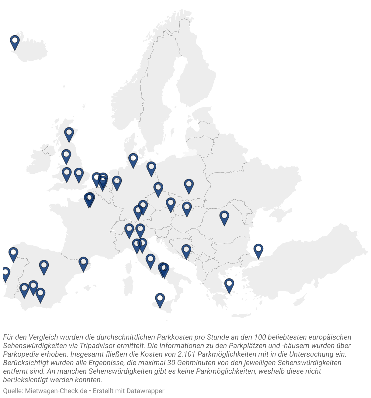 Landkarte mit den durchschnittlichen Kosten pro Parkplatz in den europäischen Städten