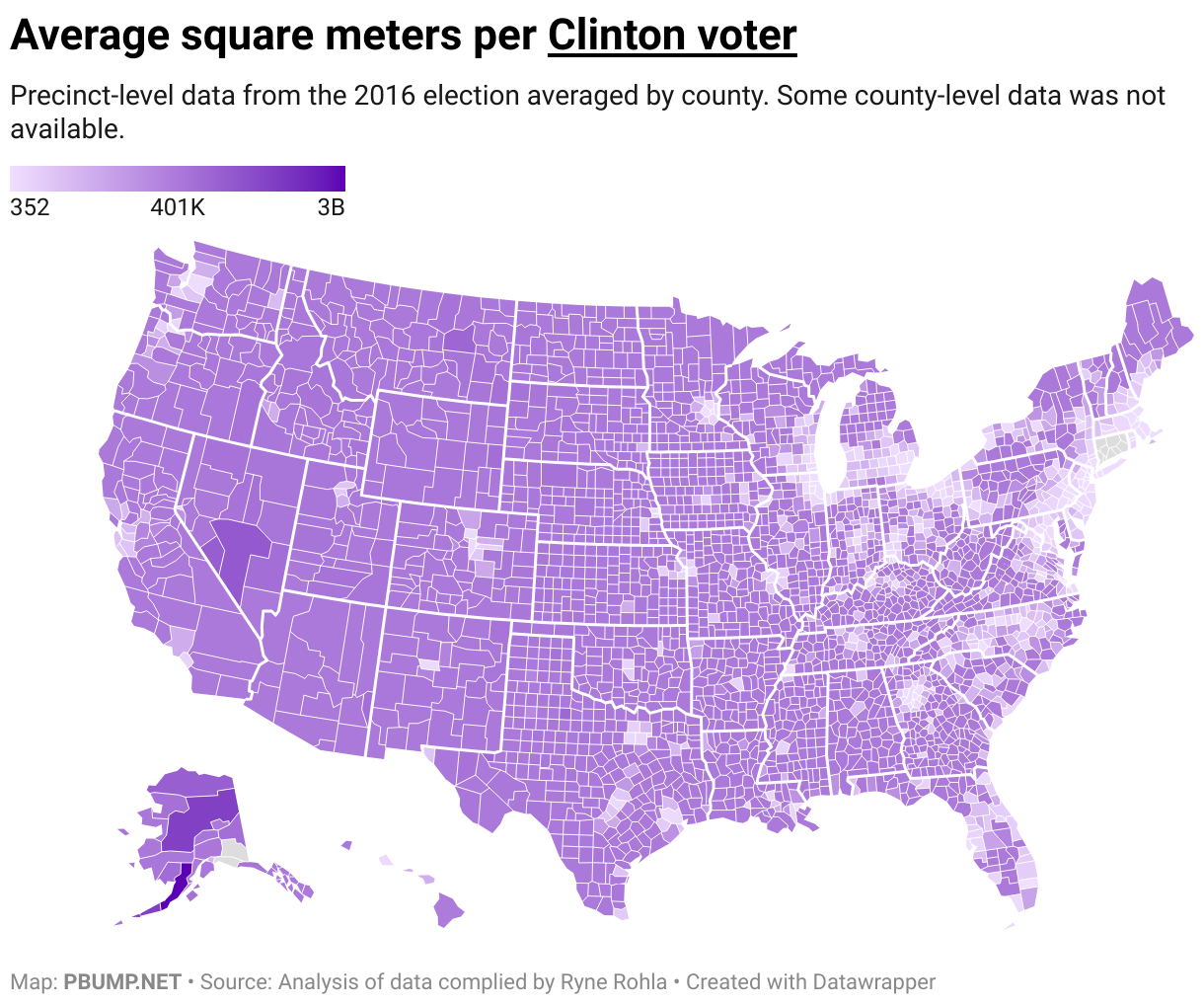 Average square meters per Clinton voter (Choropleth map)