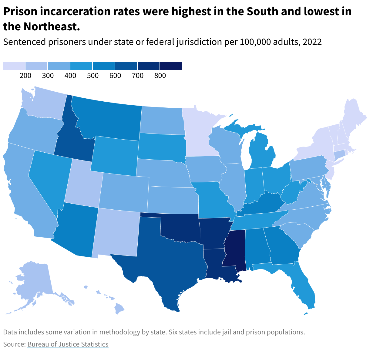 A map of sentenced prisoners in state or federal correctional facilities per 100,000 adults in 2022. Prison incarceration rates are highest in Southeastern states and lowest in New England.