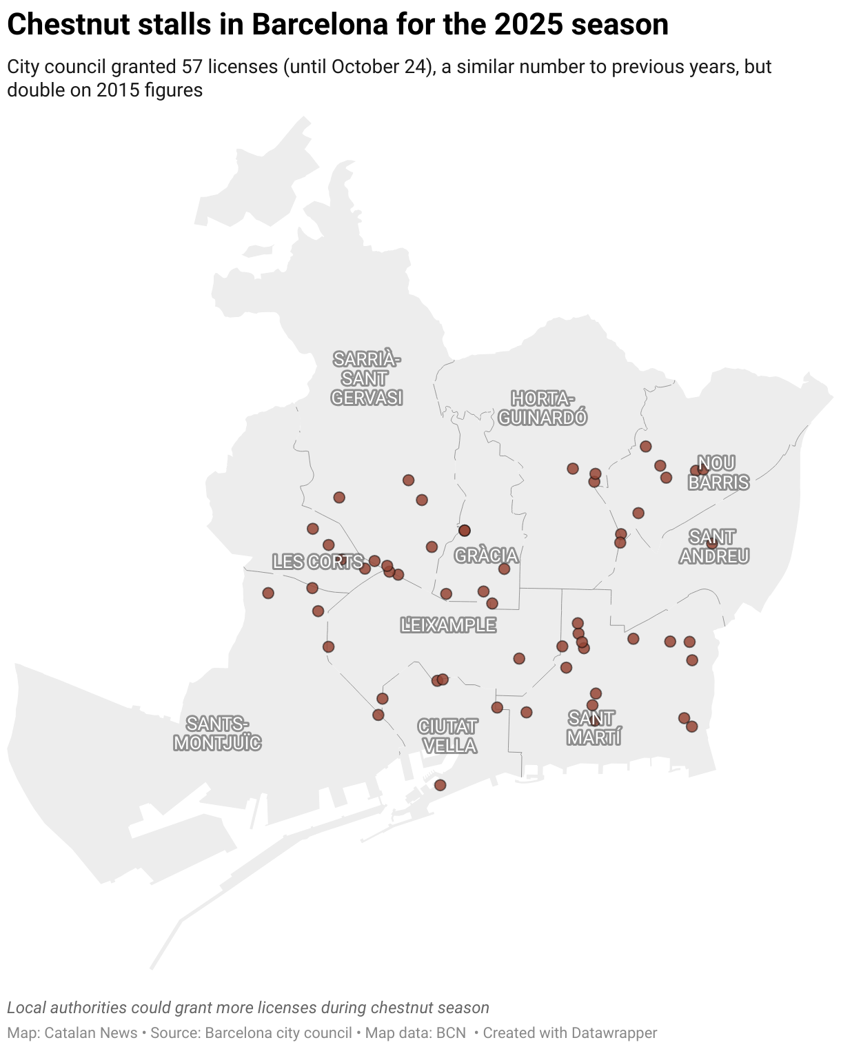 Chestnut stalls in Barcelona for the 2025 season (Symbol map)