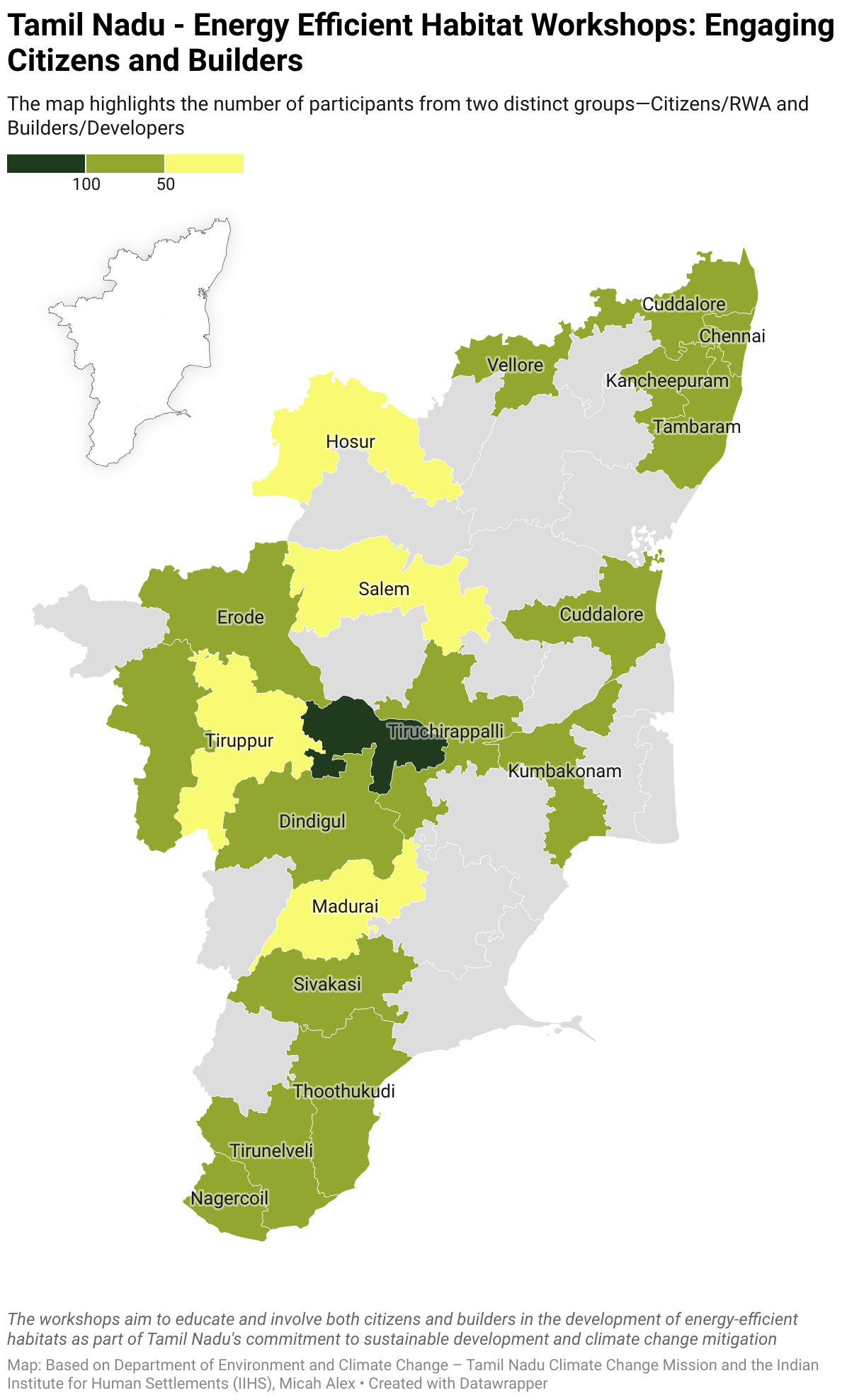 This map shows the distribution of workshop participants across Tamil Nadu for the "Energy Efficient Habitat Workshop." Two groups are represented: Citizens/RWA and Builders/Developers. The workshops took place in nine cities and are scheduled to be conducted in every district of Tamil Nadu. The map also indicates the month in which the workshops were held. This initiative is part of Tamil Nadu's efforts to promote sustainable living practices and address climate change.