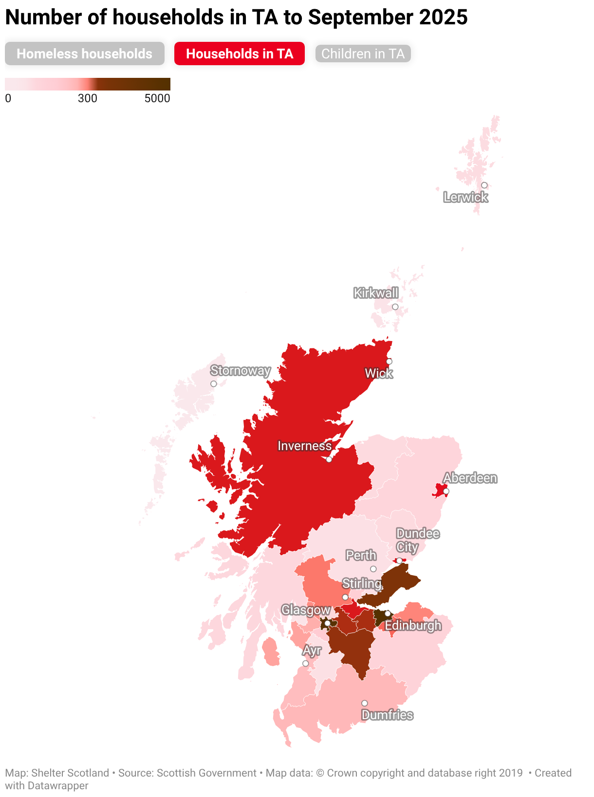 Local authority maps showing data for households in temporary accommodation, children in temporary accommodation, and households applying as homeless, to September 2025 for all Scottish local authorities