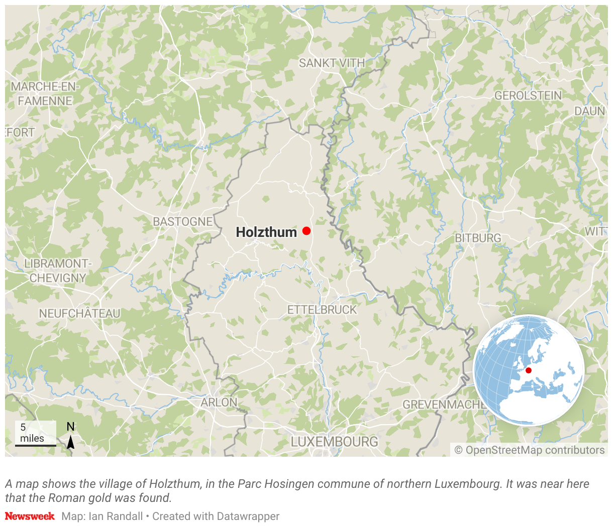 A map shows the village of Holzthum, in the Parc Hosingen commune of northern Luxembourg.