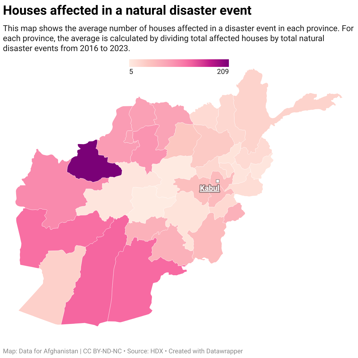 This map shows the average number of houses affected in a disaster event in each province. For each province, the average is calculated by dividing total affected houses by total natural disaster events from 2016 to 2023.