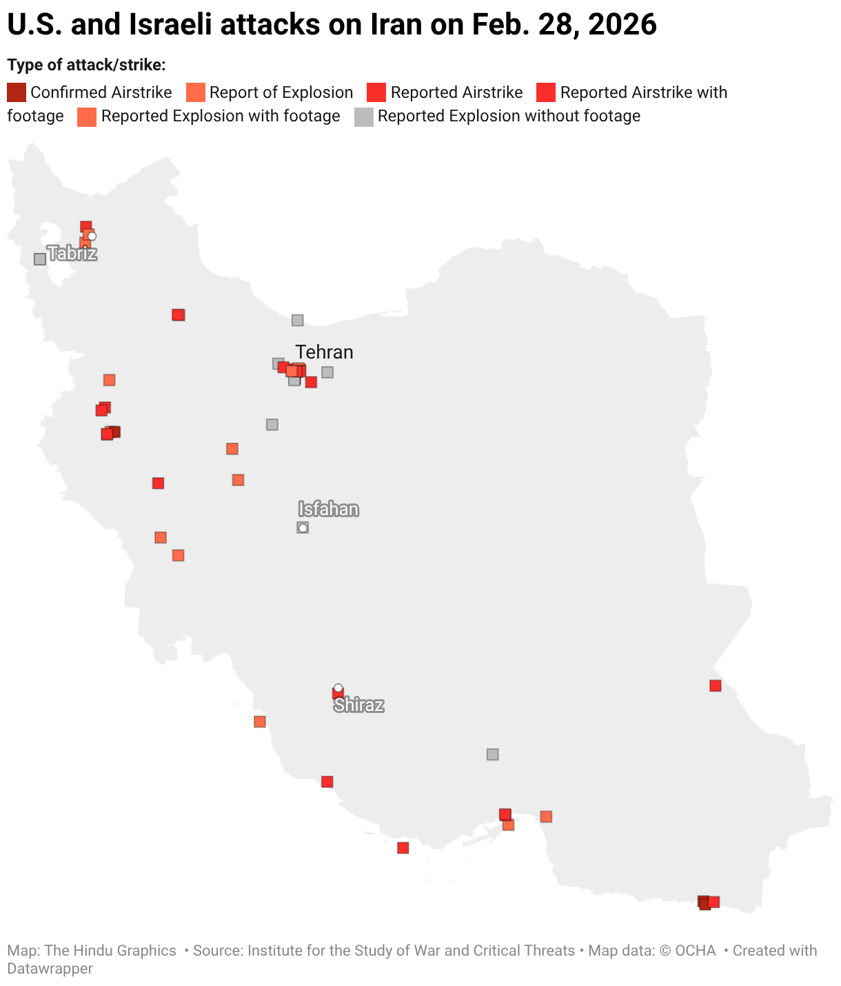 U.S. and Israeli attacks on Iran on Feb. 28, 2026 (Symbol map)