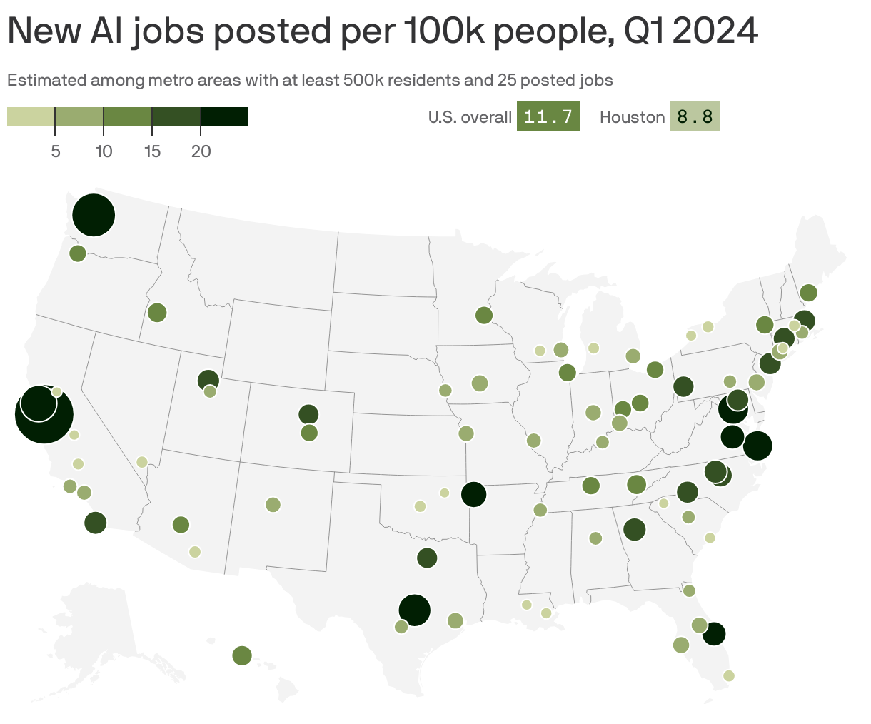 New AI jobs posted per 100k people, Q1 2024