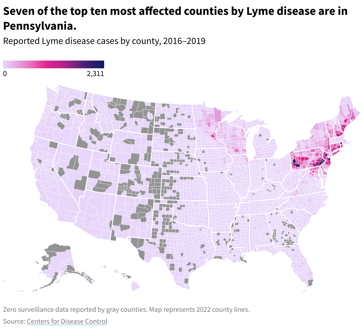 County map showing concentration of Lyme disease