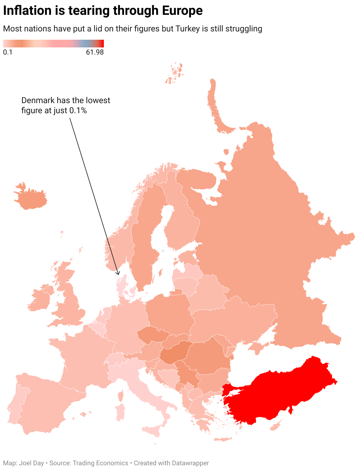 The map shows inflation rates across Europe, with Turkey's high of 62 percent. 