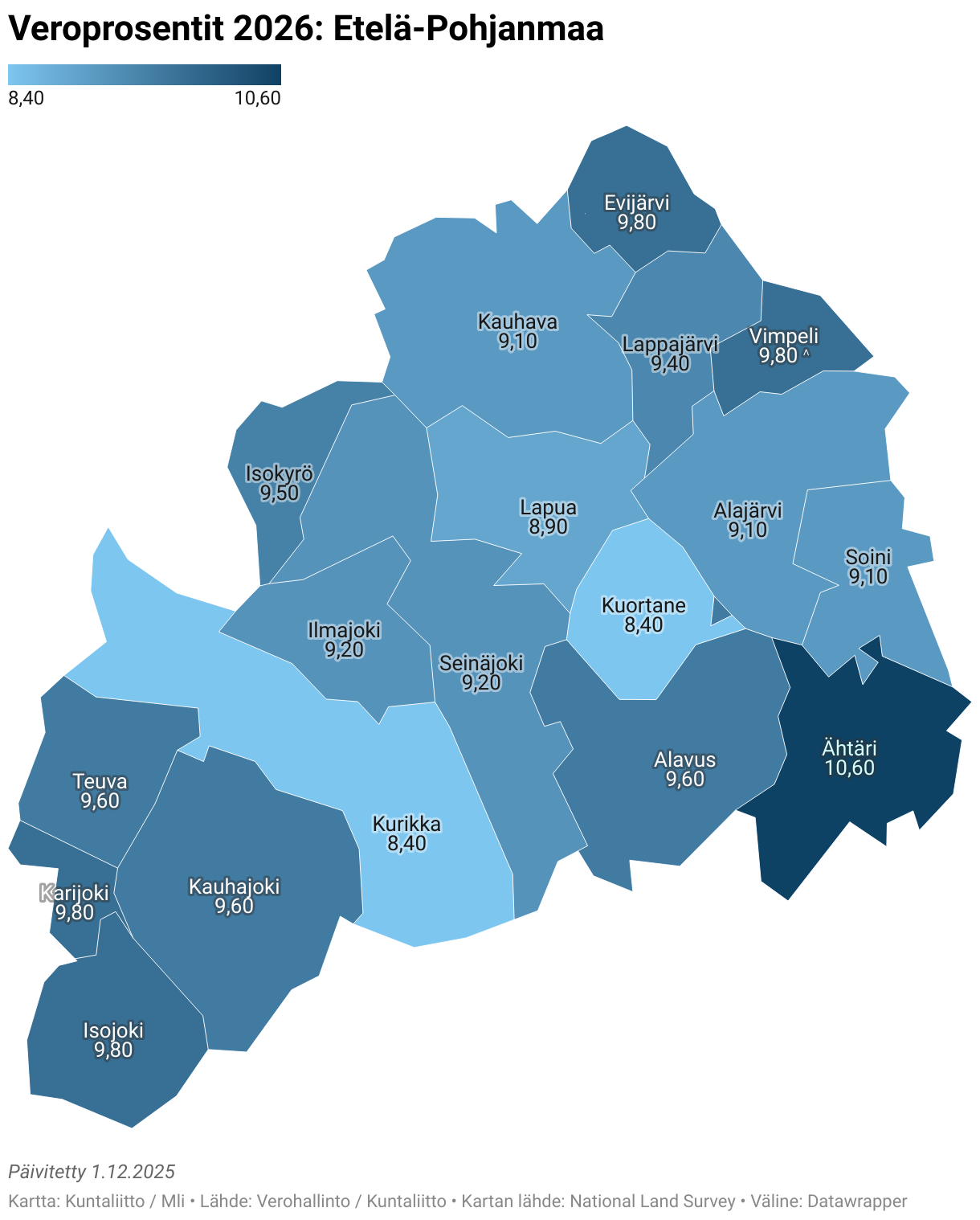 Veroprosentit 2026: Etelä-Pohjanmaa (Choropleth map)