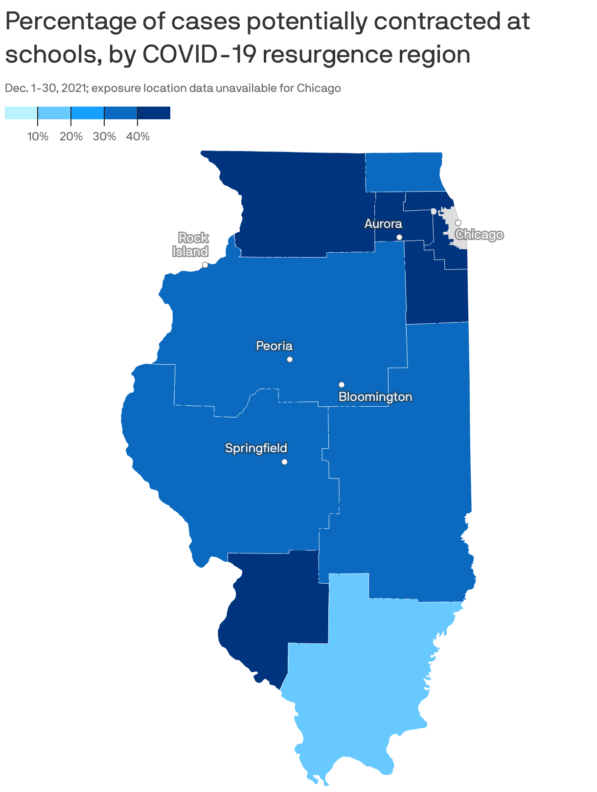 Percentage of cases potentially contracted at schools, by COVID-19 resurgence region