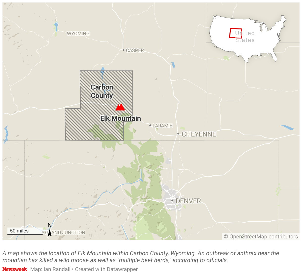 A map shows the location of Elk Mountain within Carbon County, Wyoming. An outbreak of anthrax near the mountian has killed a wild moose as well as 