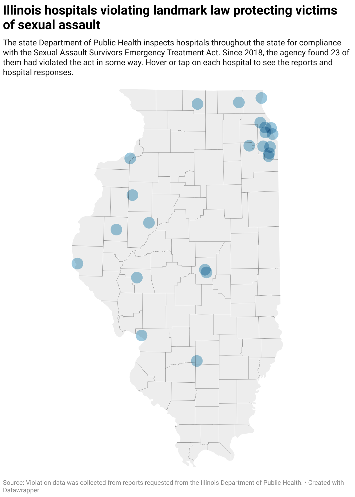 A map of Illinois displays 23 dots representing hospitals that have violated the Sexual Assault Survivors Emergency Treatment Act since 2018. About half are in the Chicago area, while the rest are spread throughout the state.