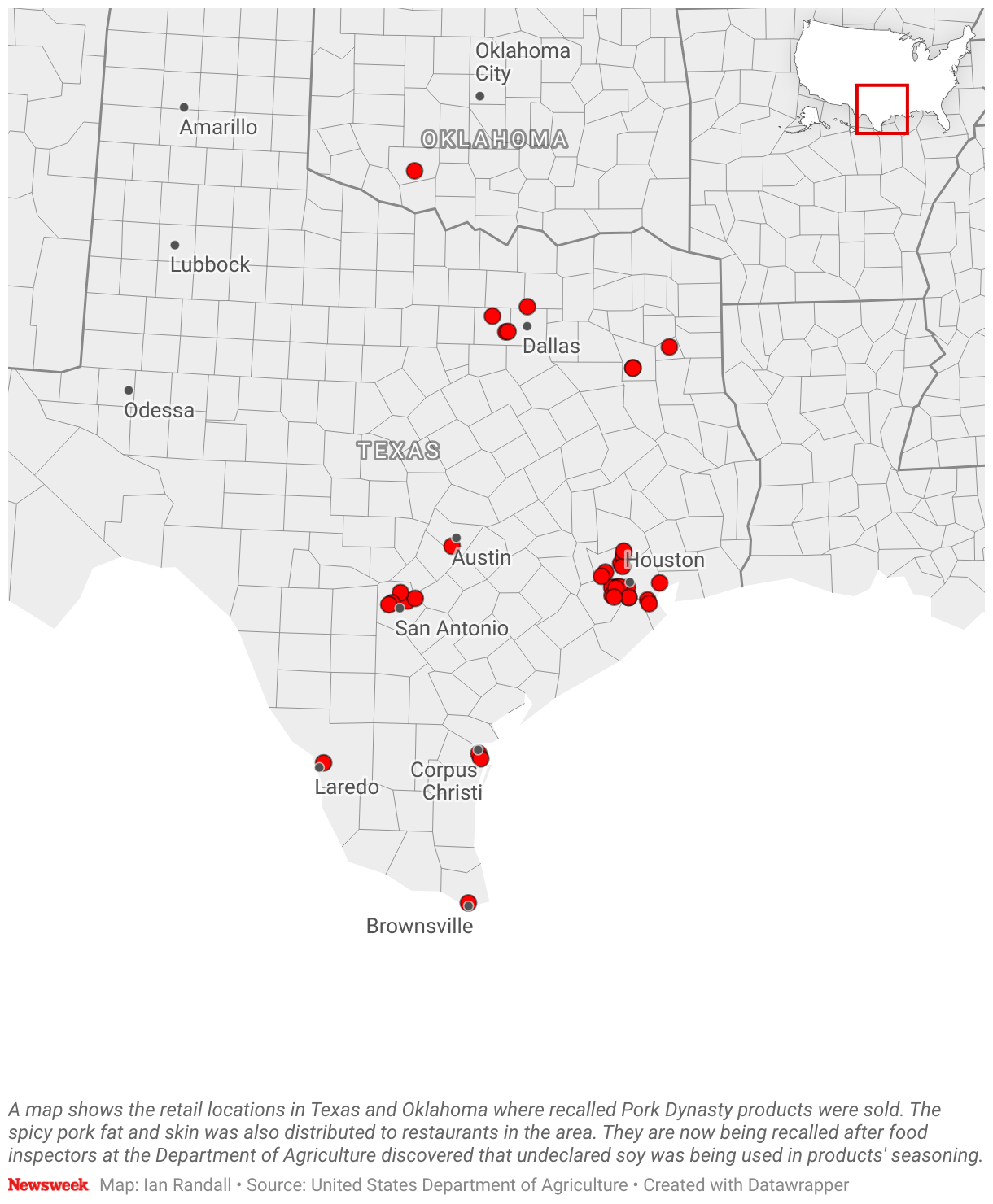 A map shows the retail locations in Texas and Oklahoma where recalled Pork Dynasty products were sold.