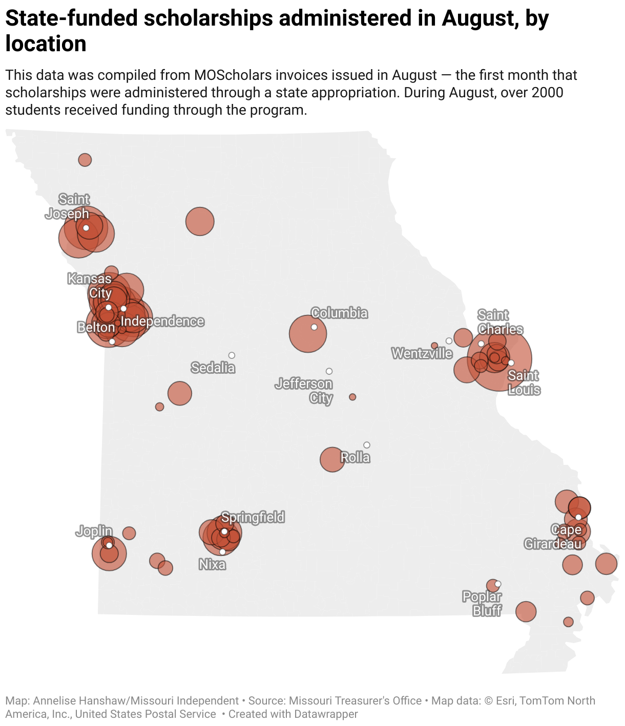 State-funded scholarships administered in August, by location (Symbol map)