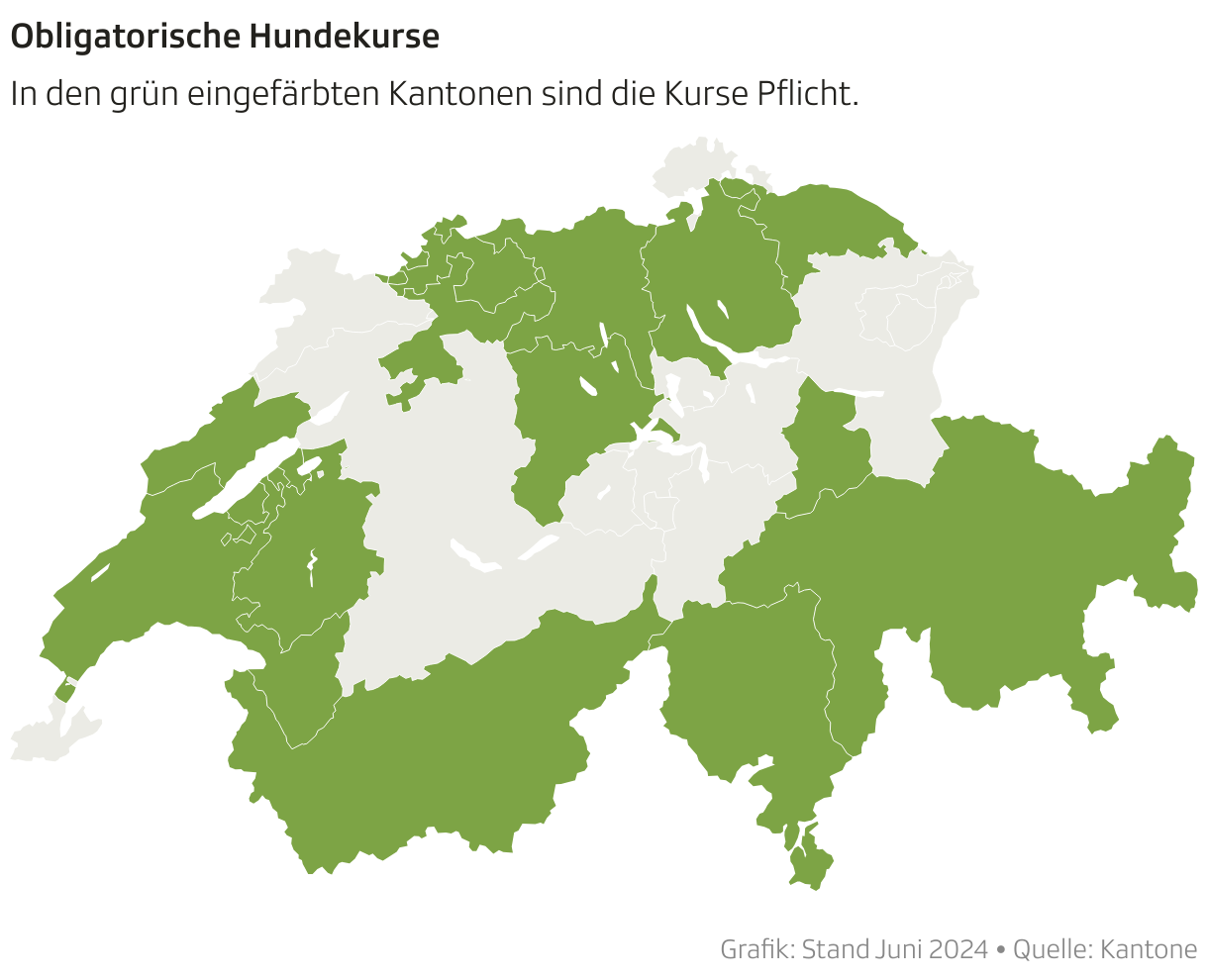 Schweizerkarte. Roteingefärbte Kantone, wo Hundekurse obligatorisch sind. 