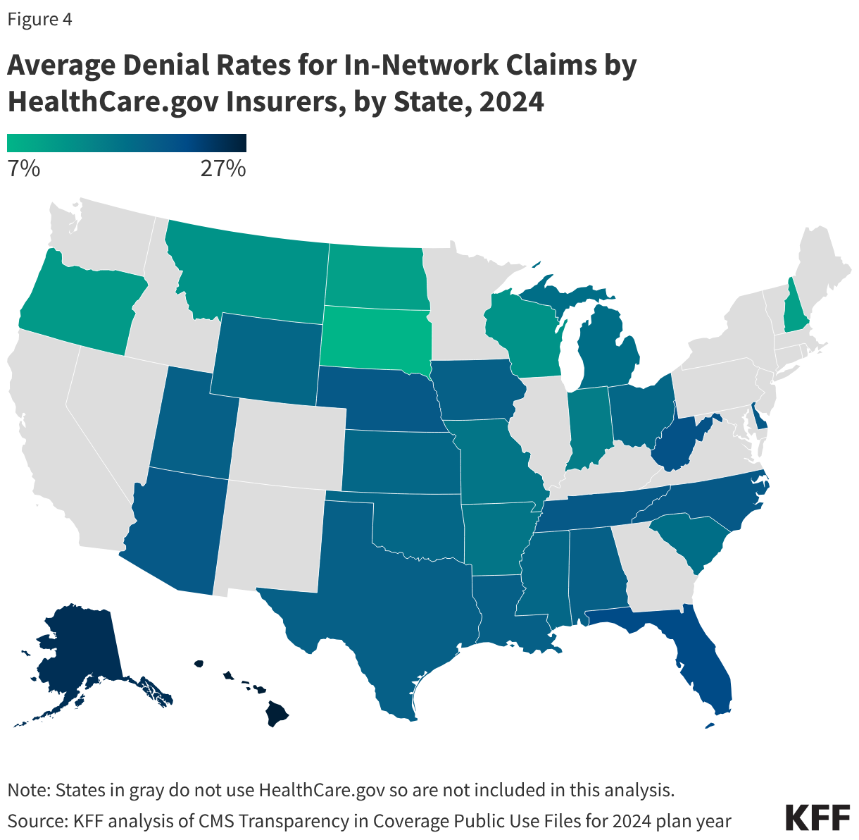 Average Denial Rates for In-Network Claims by HealthCare.gov Insurers, by State, 2024 (Choropleth map)